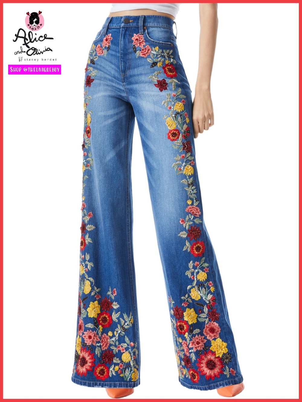 Alice + Olivia Gorgeous Floral Embroidered Wide Leg Jeans